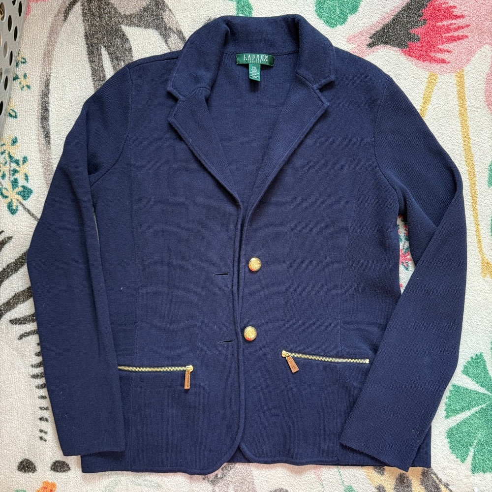 Ralph Lauren Petite Navy Combed Cotton Blazer